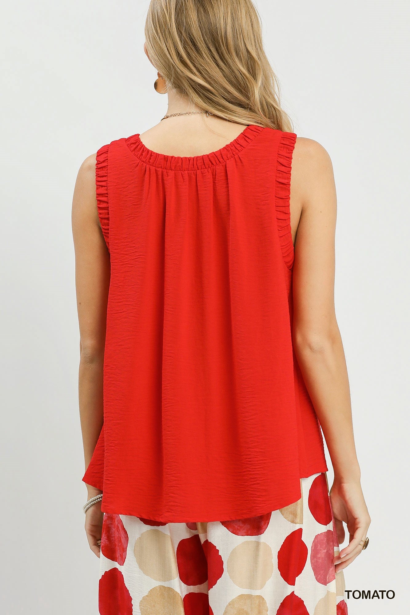 Ruffle Neck Sleeveless Top: Red, White, & Purple Available