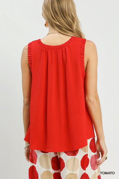Ruffle Neck Sleeveless Top: Red, White, & Purple Available