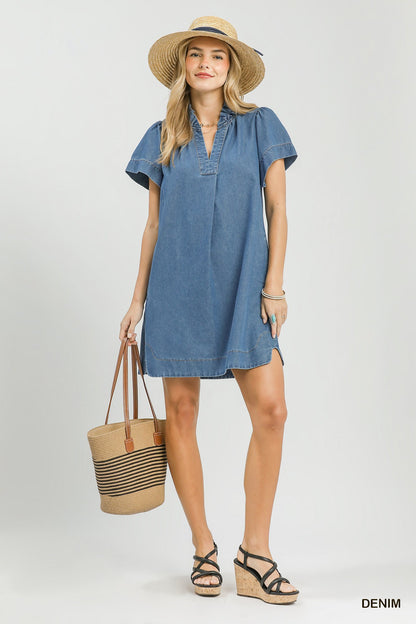 Denim Ruffle Collar Mini Dress with Pockets