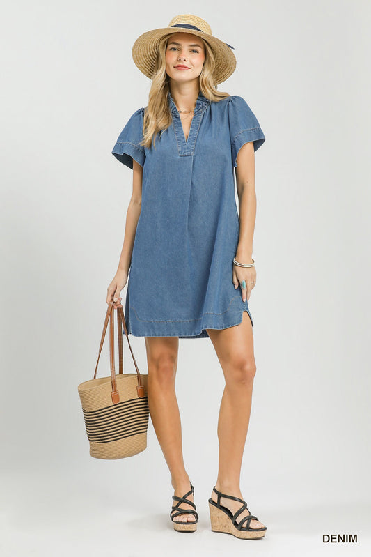 Denim Ruffle Collar Mini Dress with Pockets