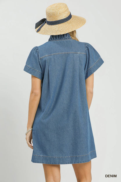 Denim Ruffle Collar Mini Dress with Pockets