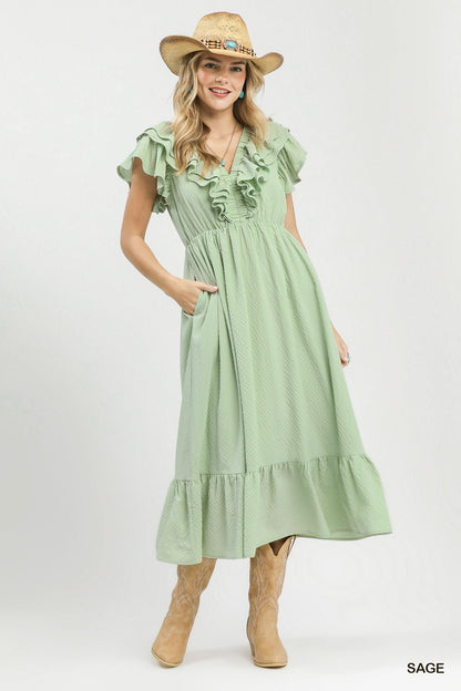 Sage Textured V-Neck Midi Dress