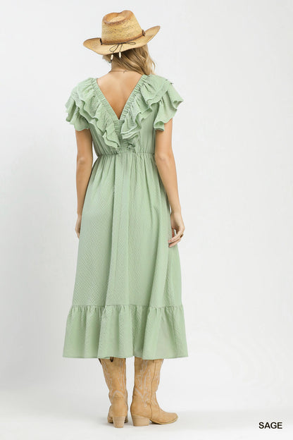 Sage Textured V-Neck Midi Dress