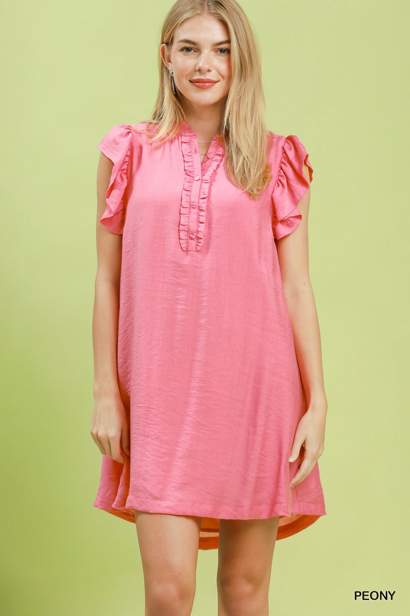 Pink Ruffle Sleeve Henley Shift Dress