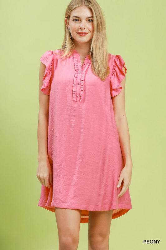 Pink Ruffle Sleeve Henley Shift Dress
