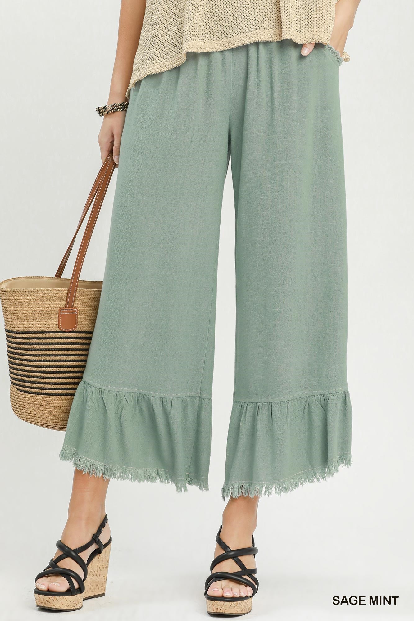 Sage Mint- Linen Frayed Hem Ruffle Wide Leg Pants