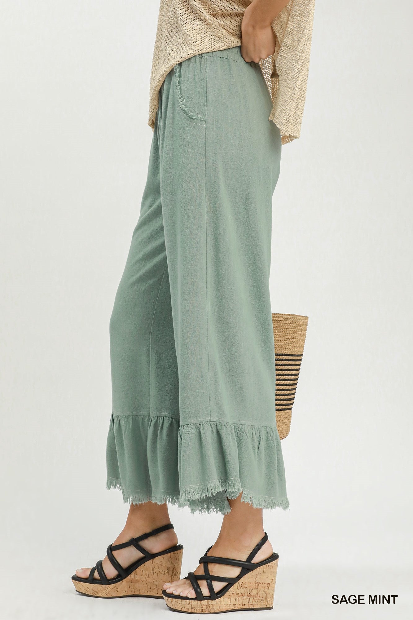 Sage Mint- Linen Frayed Hem Ruffle Wide Leg Pants