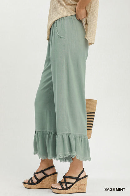 Sage Mint- Linen Frayed Hem Ruffle Wide Leg Pants