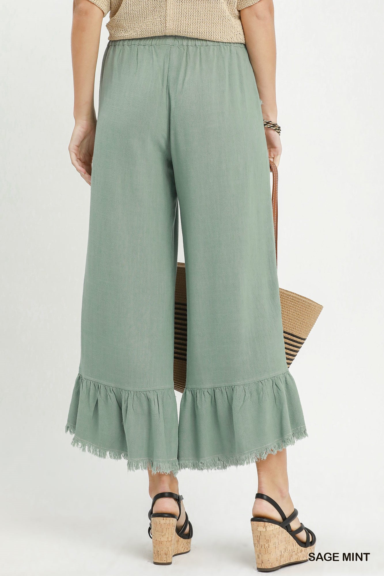 Sage Mint- Linen Frayed Hem Ruffle Wide Leg Pants