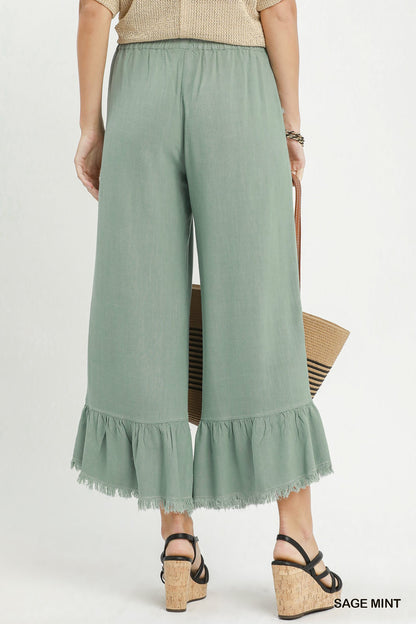 Sage Mint- Linen Frayed Hem Ruffle Wide Leg Pants