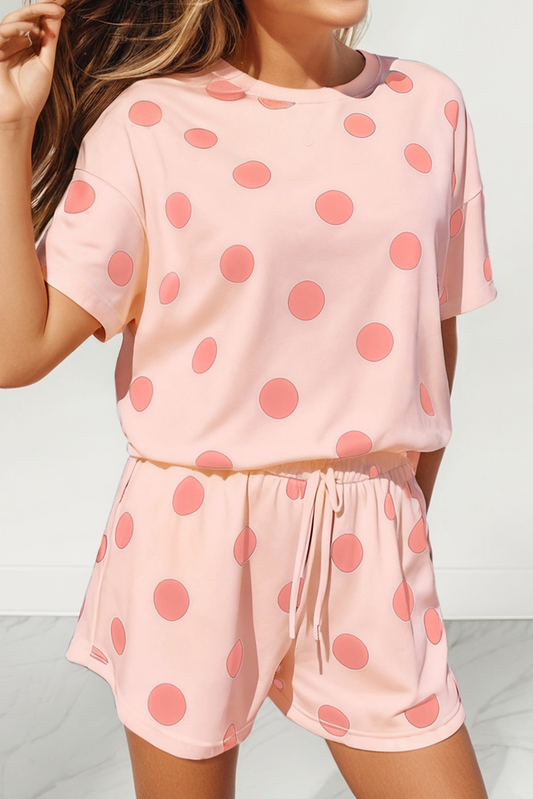 Pink Polka Dot Print Loose Tee Drawstring Short Set