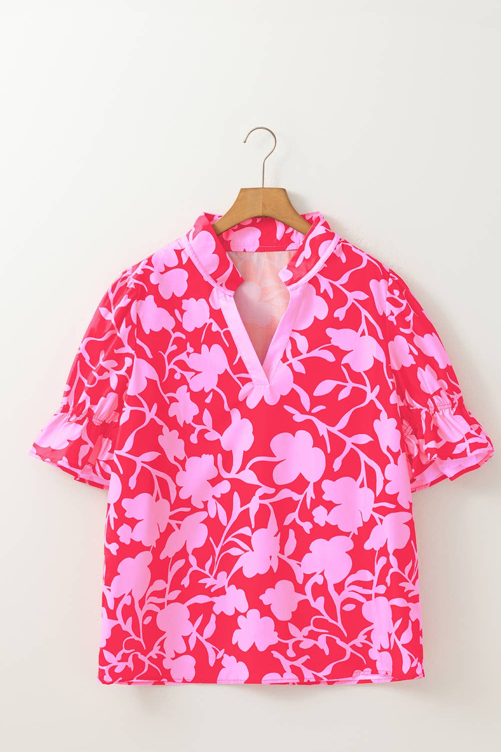 LAS Floral Split V Neck Ruffled Blouse Top (S-L): Red / Missy /