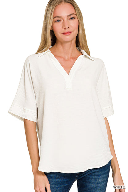 Crinkle V-neck w/Collar (4 color options)