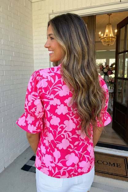 LAS Floral Split V Neck Ruffled Blouse Top (S-L): Red / Missy /