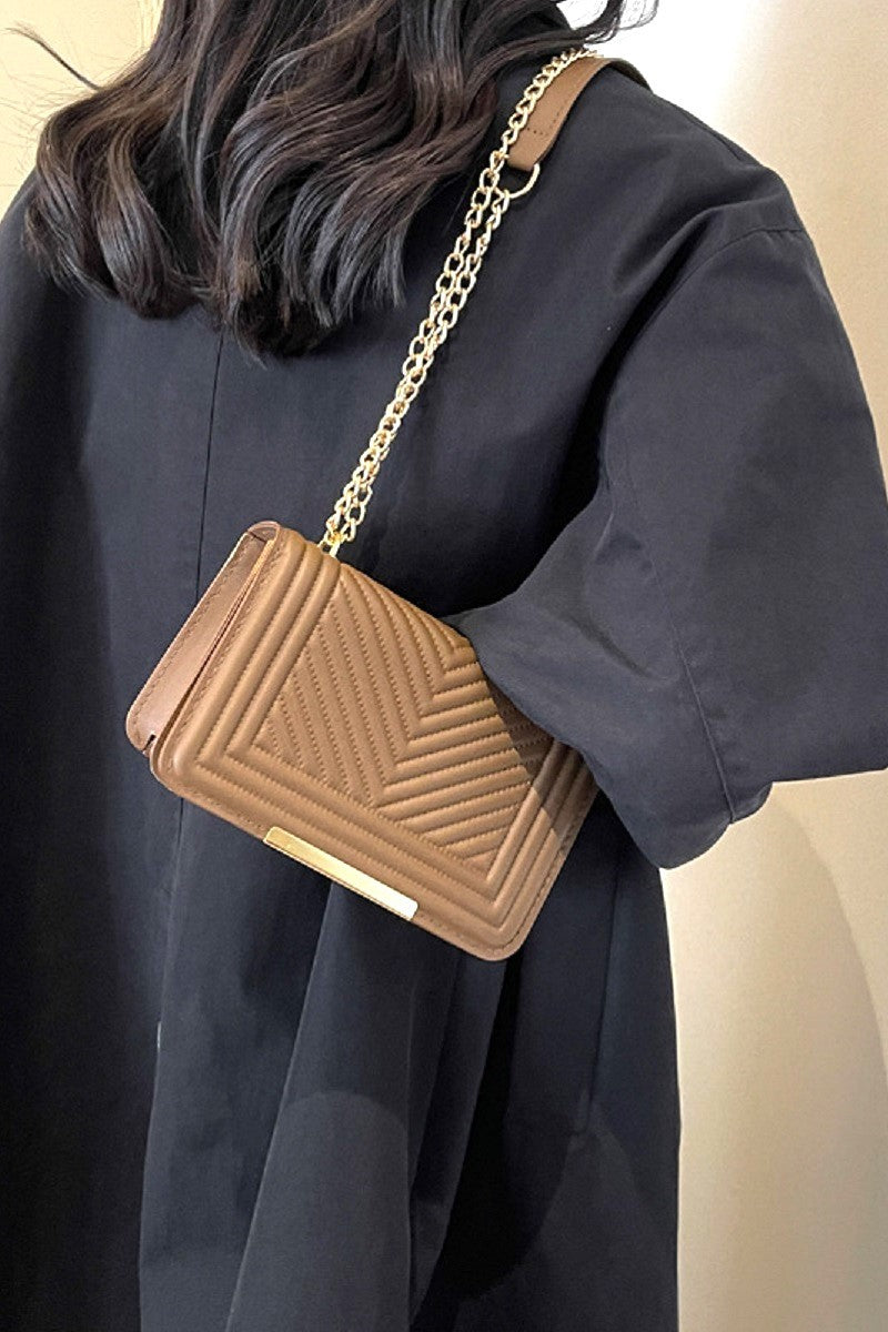VEGAN LEATHER CHEVRON GRID CROSSBODY SHOULDER FLAP BAG