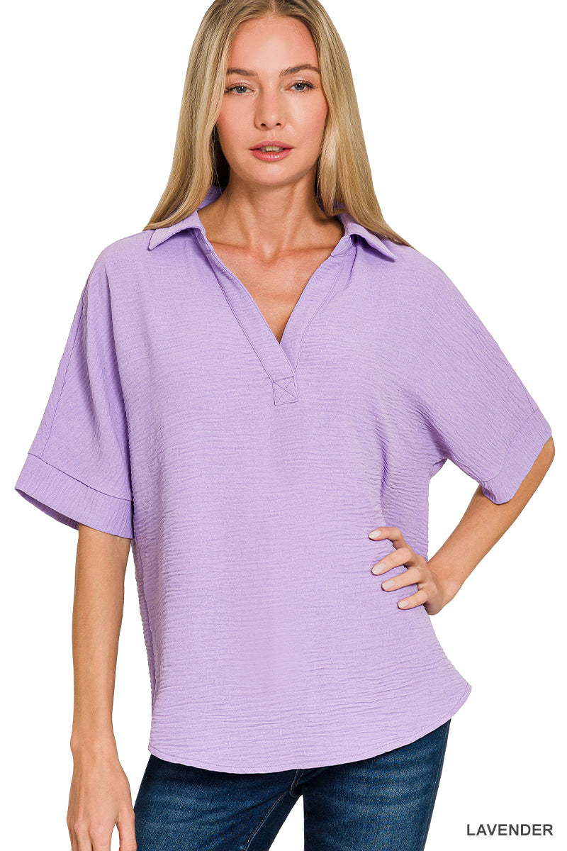 Crinkle V-neck w/Collar (4 color options)