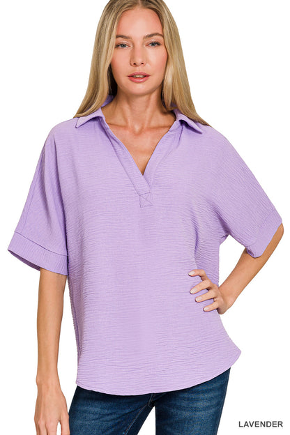Crinkle V-neck w/Collar (4 color options)