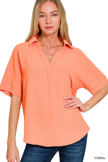 Crinkle V-neck w/Collar (4 color options)
