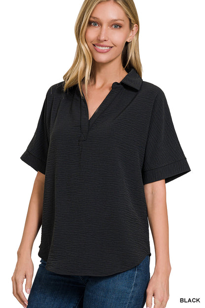 Crinkle V-neck w/Collar (4 color options)
