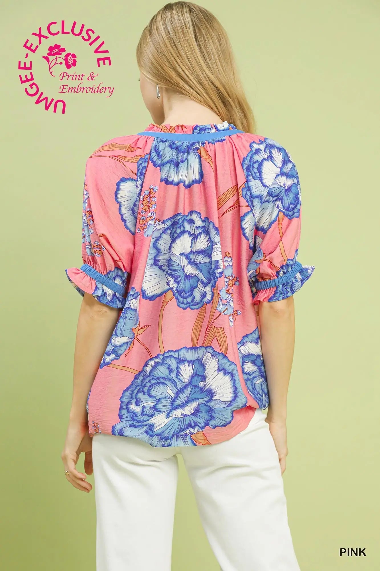 Pink with tropical Blue Flowers