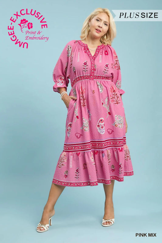 Pink Floral Collage Midi Dress