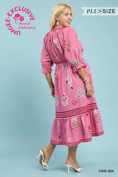 Pink Floral Collage Midi Dress