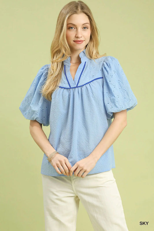 Sky Blue Eyelet Puff Sleeve
