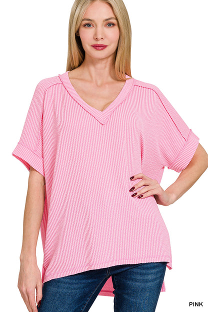 Raised Rib Short Sleeve V-neck Hi-Low (5 colors available)