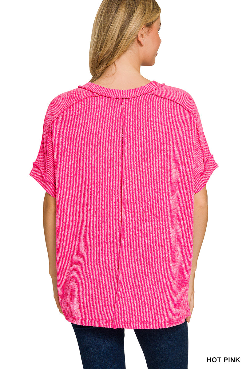 Raised Rib Short Sleeve V-neck Hi-Low (5 colors available)
