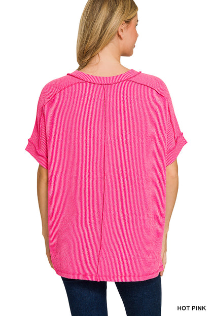 Raised Rib Short Sleeve V-neck Hi-Low (5 colors available)