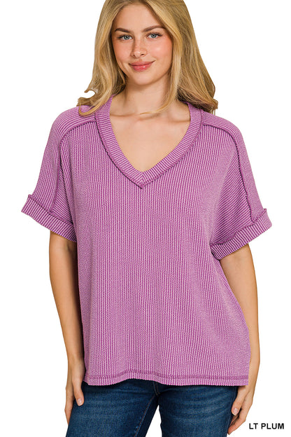 Raised Rib Short Sleeve V-neck Hi-Low (5 colors available)