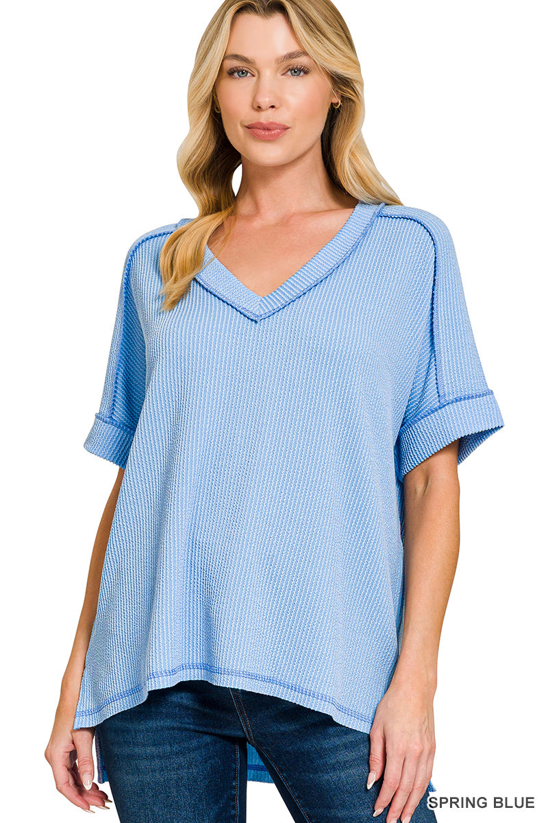 Raised Rib Short Sleeve V-neck Hi-Low (5 colors available)