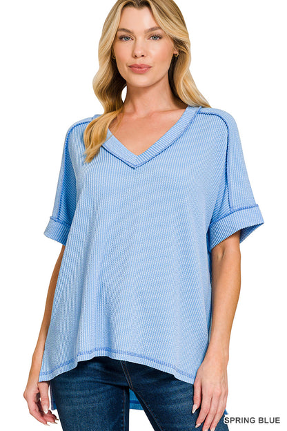 Raised Rib Short Sleeve V-neck Hi-Low (5 colors available)