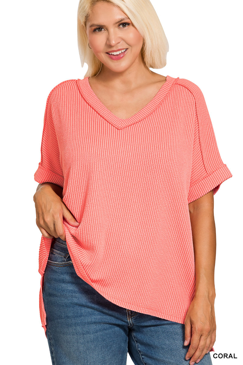Raised Rib Short Sleeve V-neck Hi-Low (5 colors available)