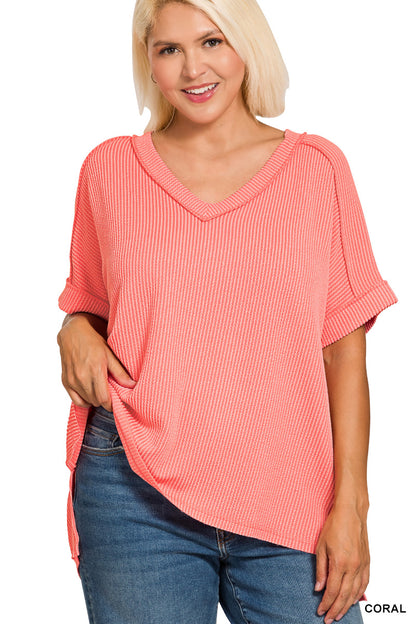 Raised Rib Short Sleeve V-neck Hi-Low (5 colors available)