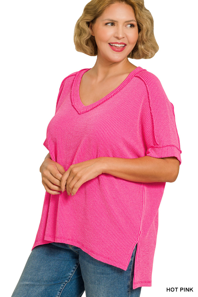 Raised Rib Short Sleeve V-neck Hi-Low (5 colors available)