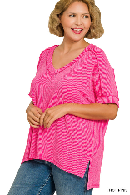 Raised Rib Short Sleeve V-neck Hi-Low (5 colors available)