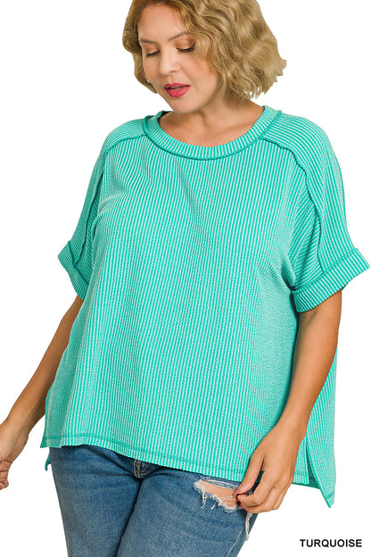 Raised Rib Short Sleeve Hi-Low Crew Neck (4 Colors available)