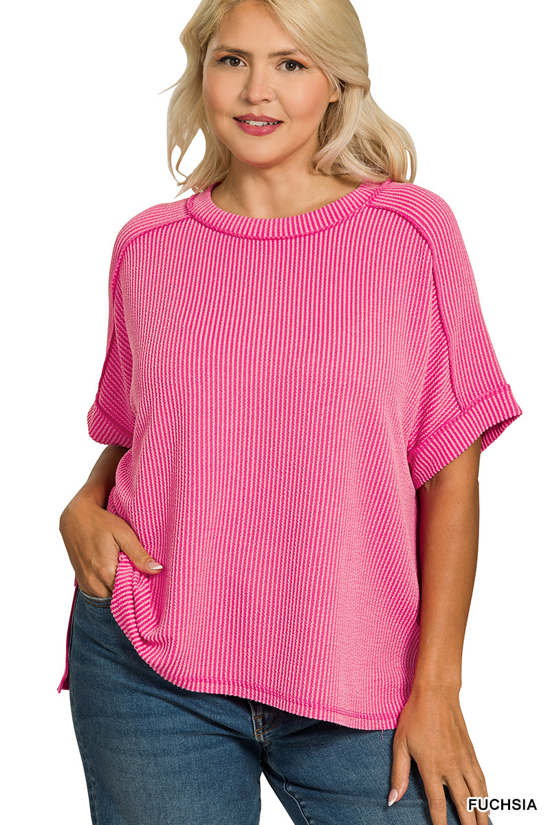 Raised Rib Short Sleeve Hi-Low Crew Neck (4 Colors available)