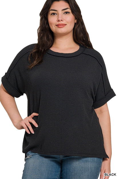 Raised Rib Short Sleeve Hi-Low Crew Neck (4 Colors available)