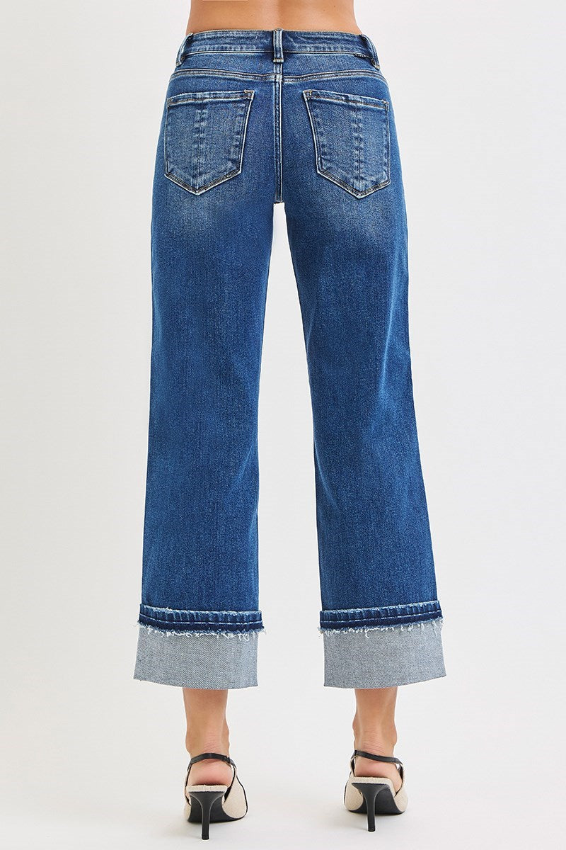 Risen: #42 Mid Rise Ankle Straight Jeans with Cuffed Hem