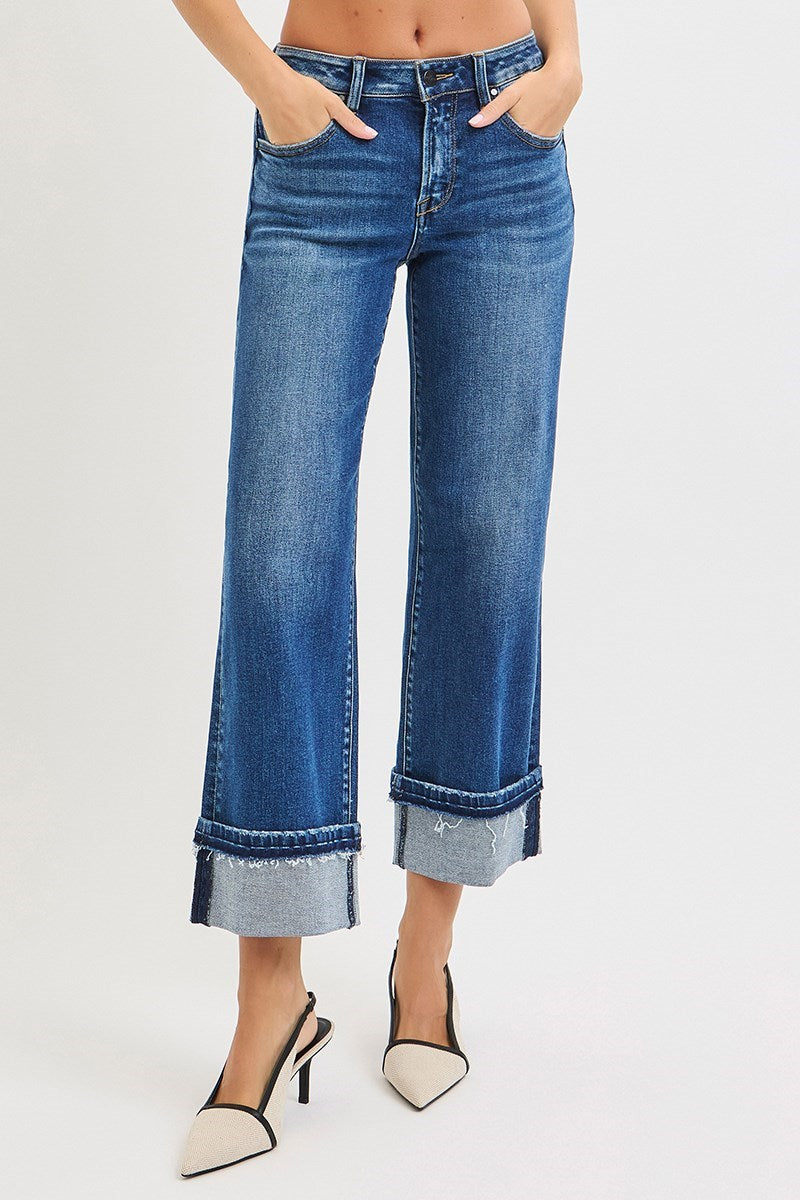 Risen: #42 Mid Rise Ankle Straight Jeans with Cuffed Hem