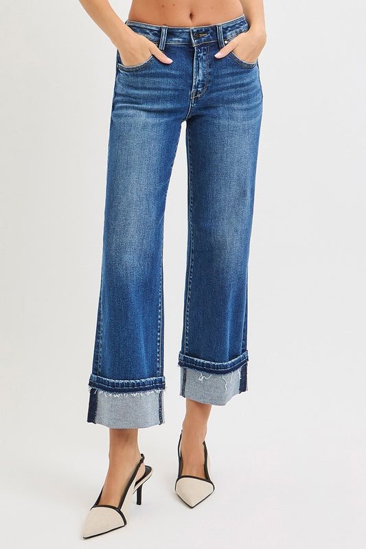 Risen: #42 Mid Rise Ankle Straight Jeans with Cuffed Hem