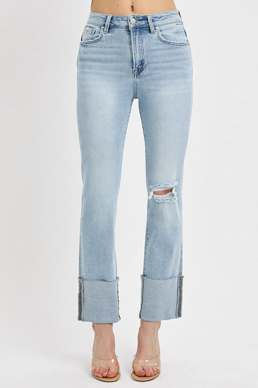 Risen: #84 High Rise Ankle Straight Wide Cuffed Jeans