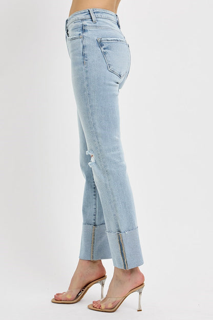 Risen: #84 High Rise Ankle Straight Wide Cuffed Jeans