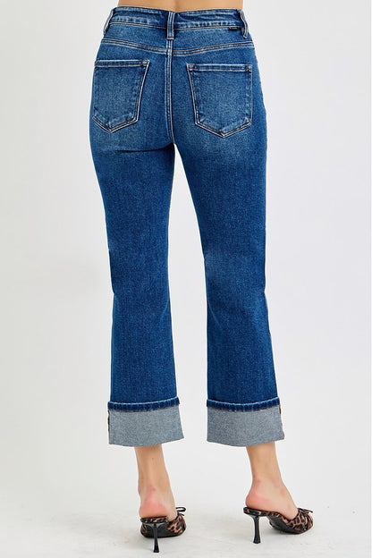 Risen #80D High Rise Ankle Straight Cuffed Jeans: Dark