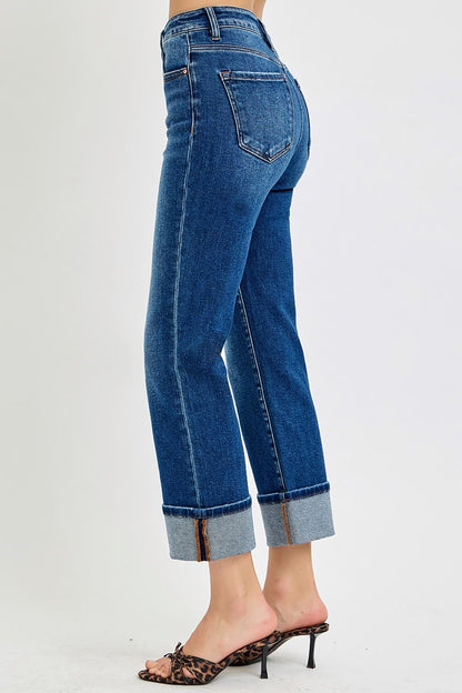 Risen #80D High Rise Ankle Straight Cuffed Jeans: Dark