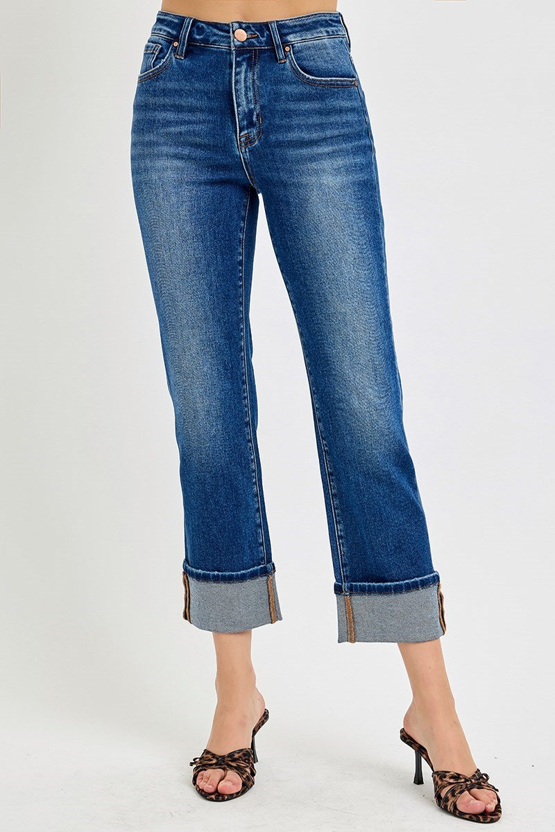 Risen #80D High Rise Ankle Straight Cuffed Jeans: Dark