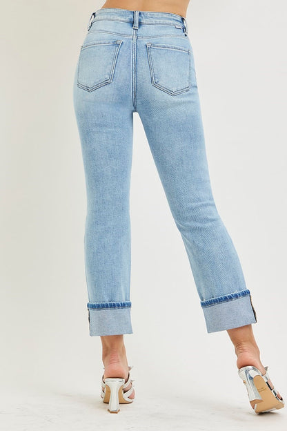 Risen: #80L High Rise Ankle Straight Cuffed Jeans: Light