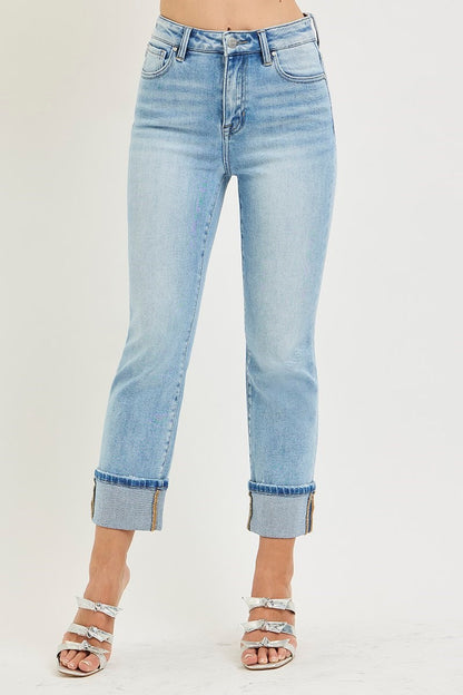 Risen: #80L High Rise Ankle Straight Cuffed Jeans: Light
